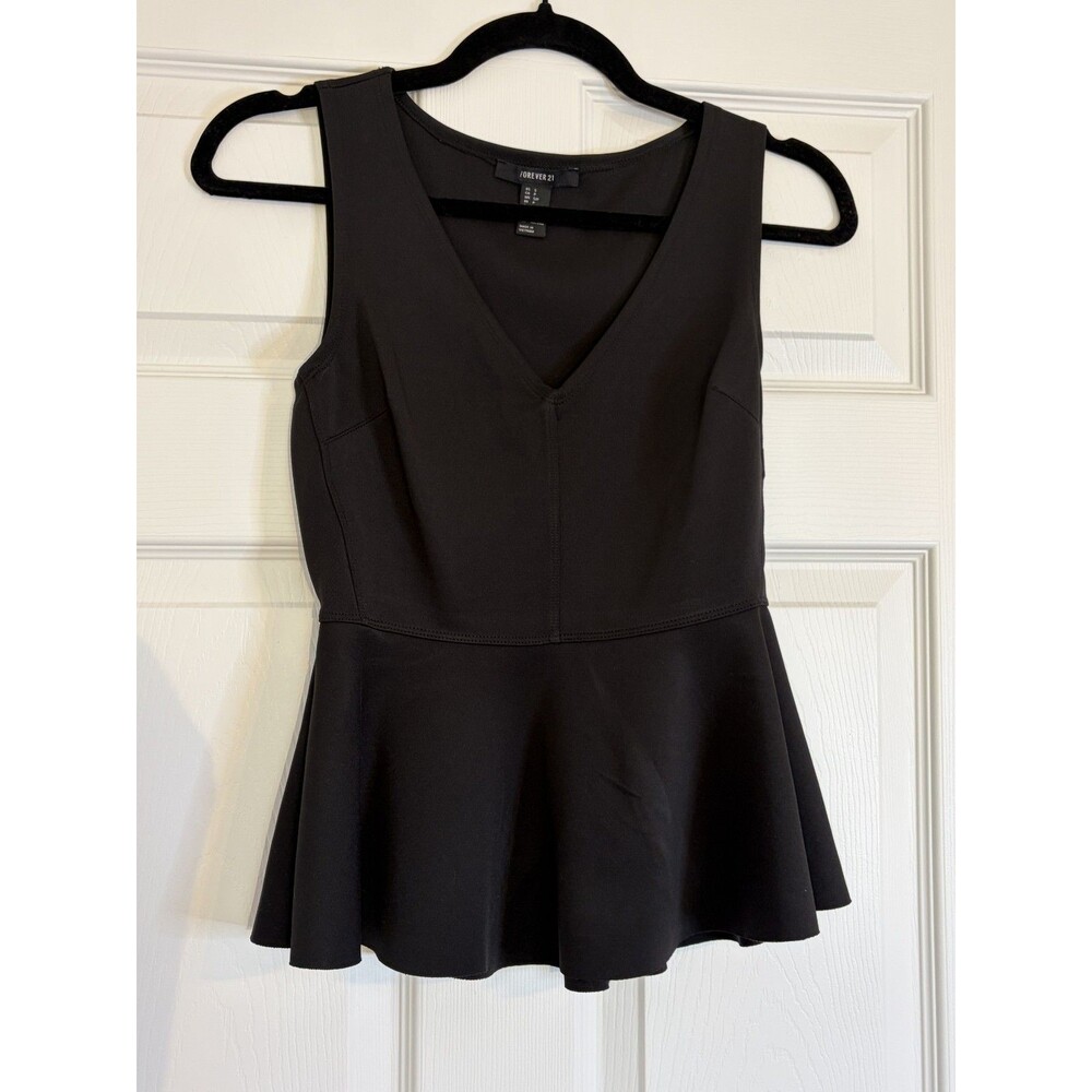 Vintage Forever 21 Black Sleeveless Peplum Top Deep Neckline Classy Size S Small
